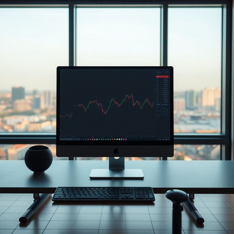 Escritorio con terminal de trading y horizonte de Bilbao al fondo